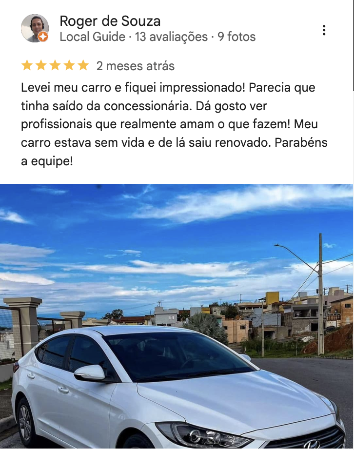 Avaliação de Roger de Souza no Google sobre a Aurora Estética Automotiva
