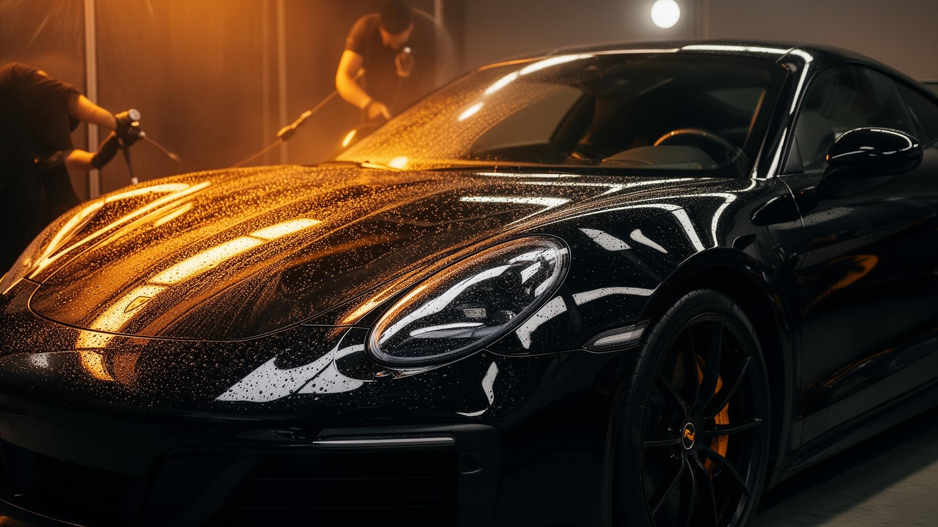 Porsche preto recebendo estética automotiva premium na Aurora